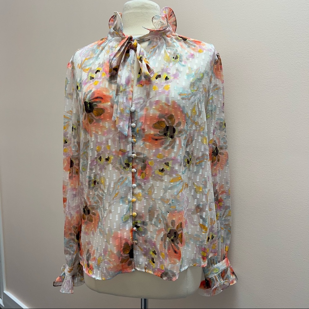 BCBGMAXAZRIA Watercolored Wash Ruffle Tie Top in Blurred Floral